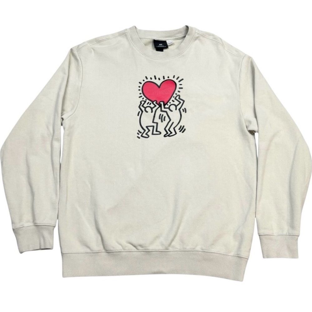 H&M + Keith Haring Beige Relaxed Fit With Heart Graphic Crew Neck Sweatshirt M